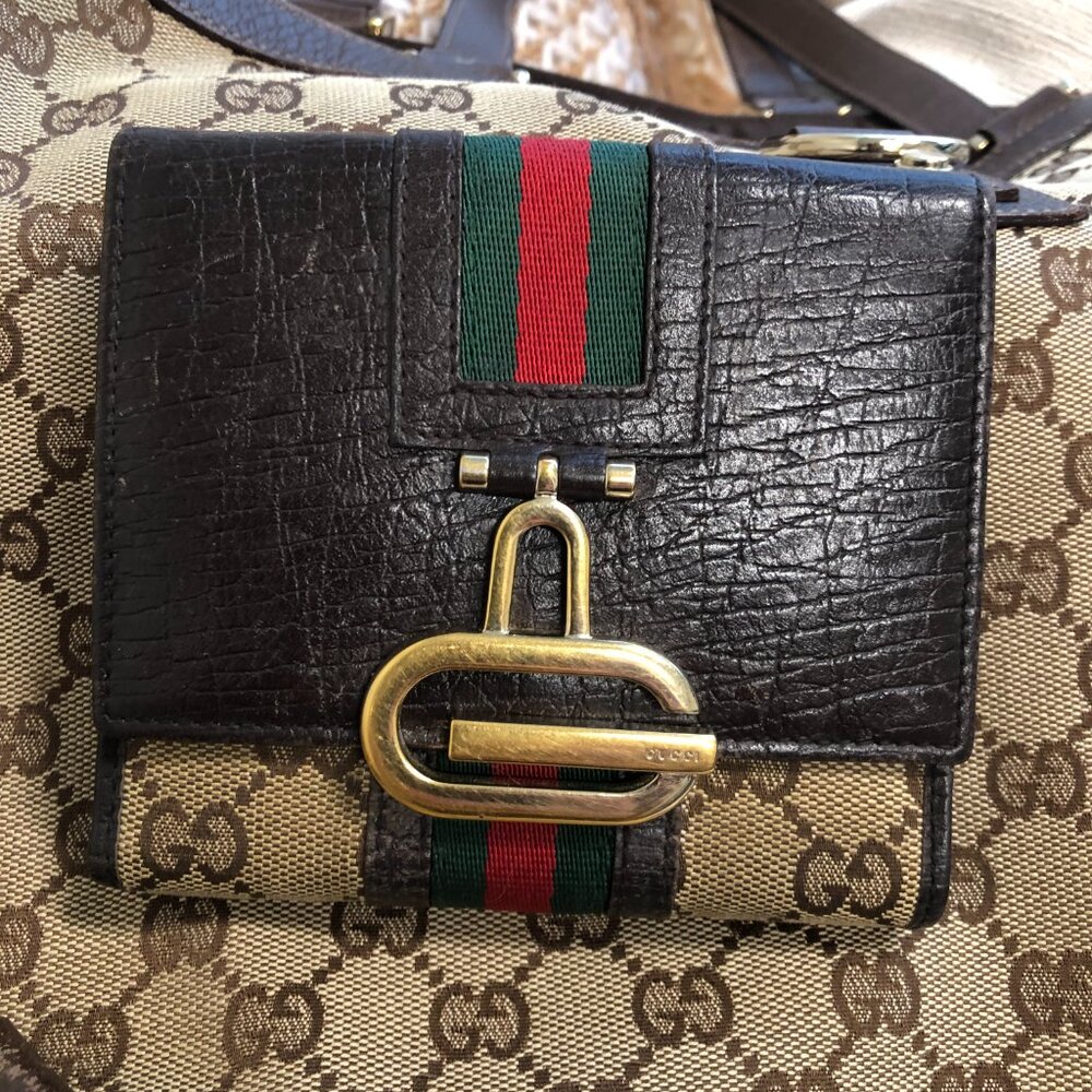 GUCCI Vintage Monogram Sherry Line 2-Sided Wallet w Awesome Hardware